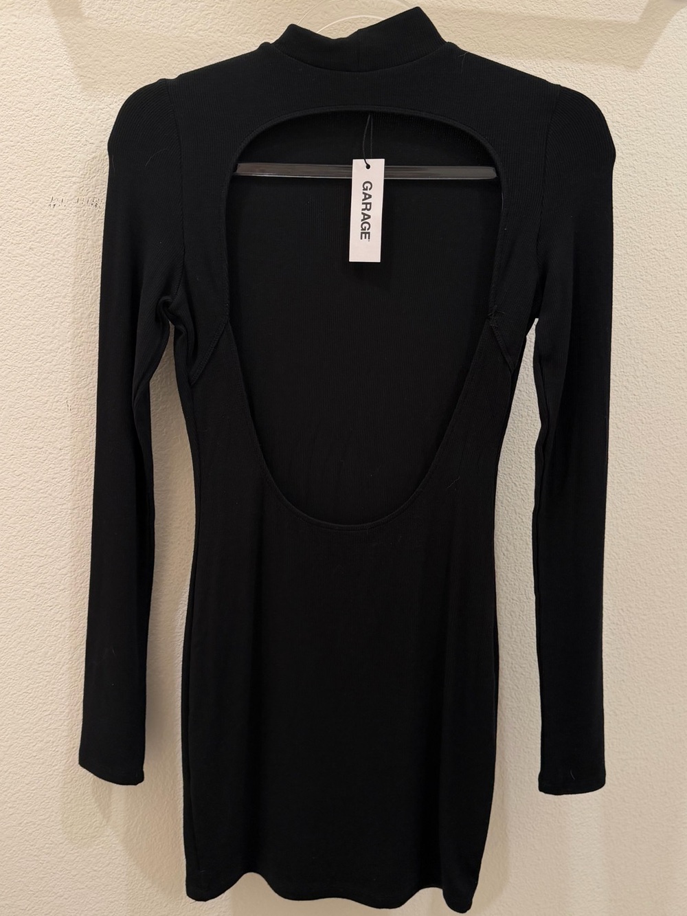 Garage Black Ribbed Long Sleeve Mini Dress with Cutout Back